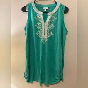 Women’s J.Jill Embroidered Green Tank Blouse SzM With Side Tie Detail